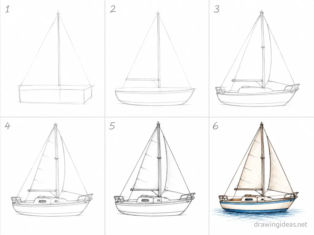 How to draw a sailboat step by step — 6-step sailboat drawing tutorial grid