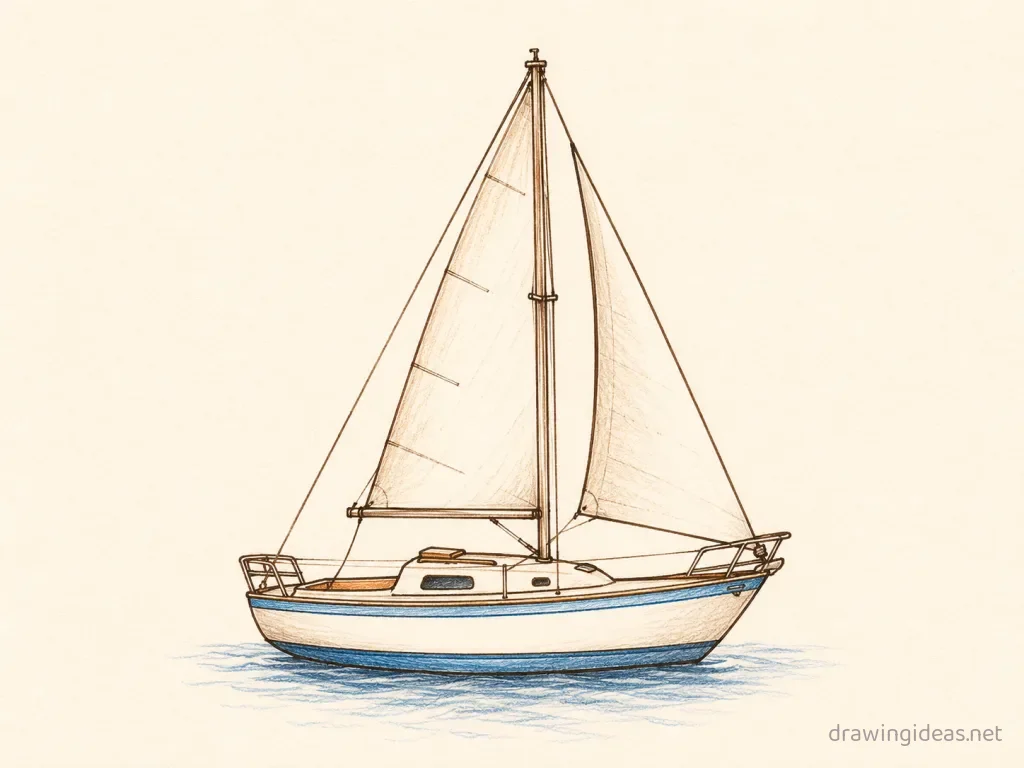Sailboat drawing ā hand-drawn sailboat illustration with ink lines and soft colors