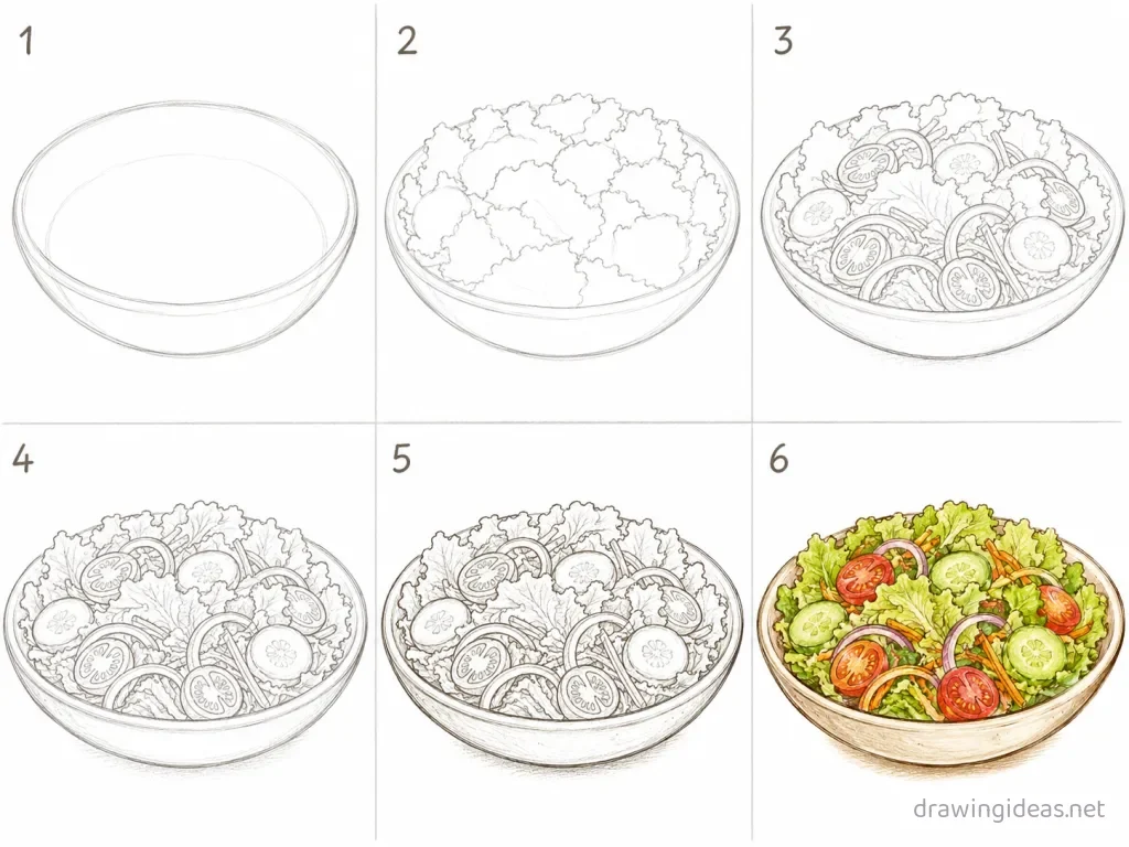 How to draw salad step by step — 6-step salad drawing tutorial grid