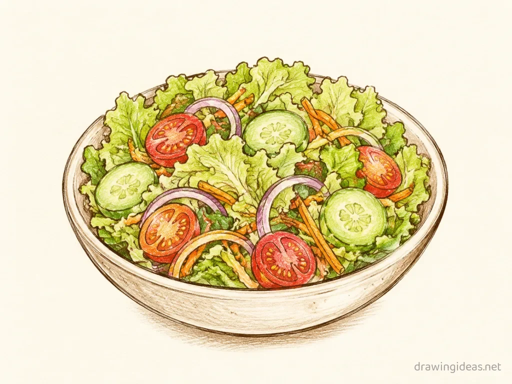 Salad drawing — hand-drawn salad illustration with ink lines and soft colors