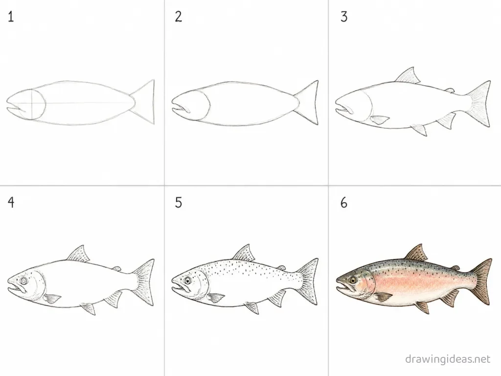 How to draw a salmon step by step — 6-step salmon drawing tutorial grid