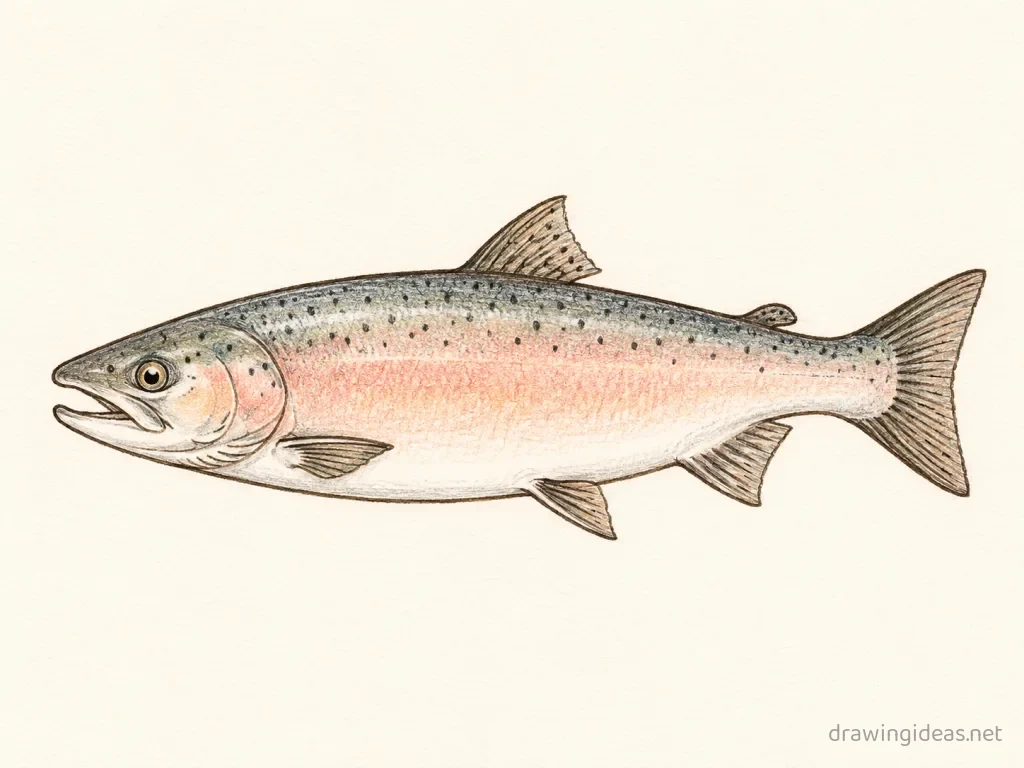 Salmon drawing — hand-drawn salmon illustration with ink lines and soft colors