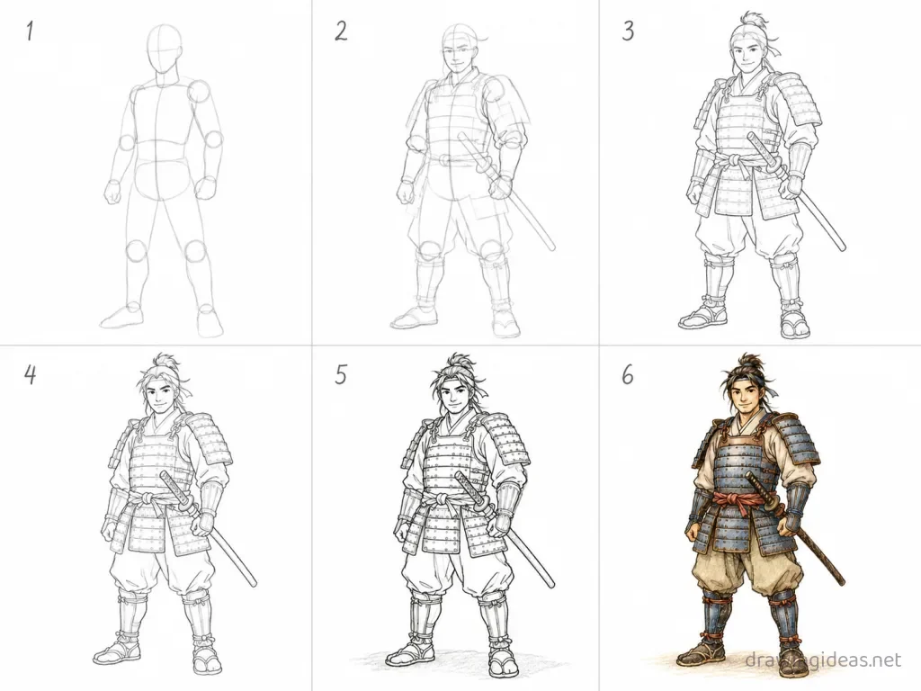 How to draw a samurai step by step — 6-step samurai drawing tutorial grid