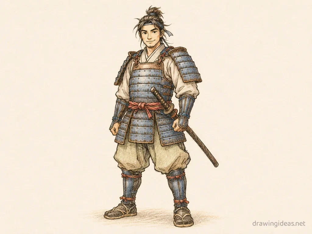 Samurai drawing — hand-drawn samurai illustration with ink lines and soft colors