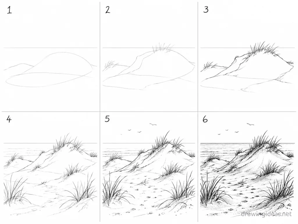 How to draw sand step by step — 6-step sand drawing tutorial grid