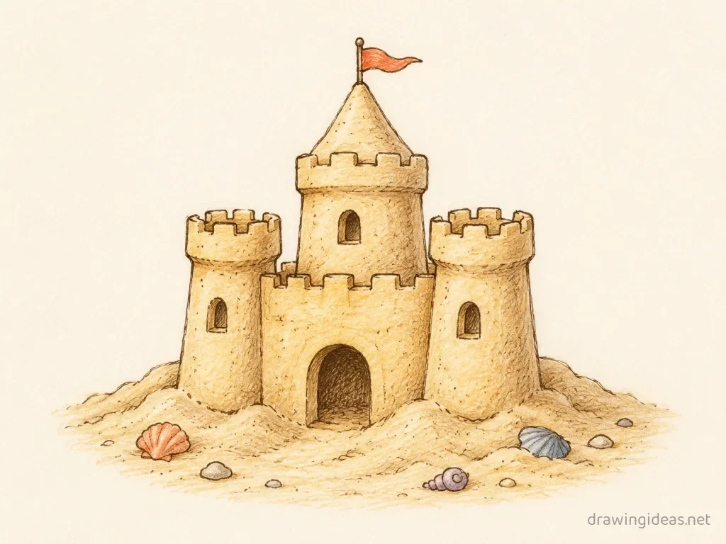 Sand drawing — hand-drawn sand illustration with ink lines and soft colors