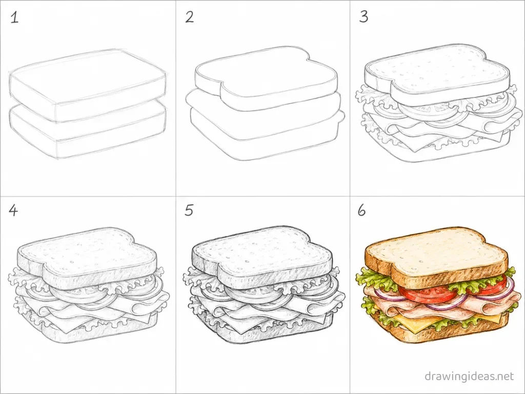How to draw a sandwich step by step — 6-step sandwich drawing tutorial grid