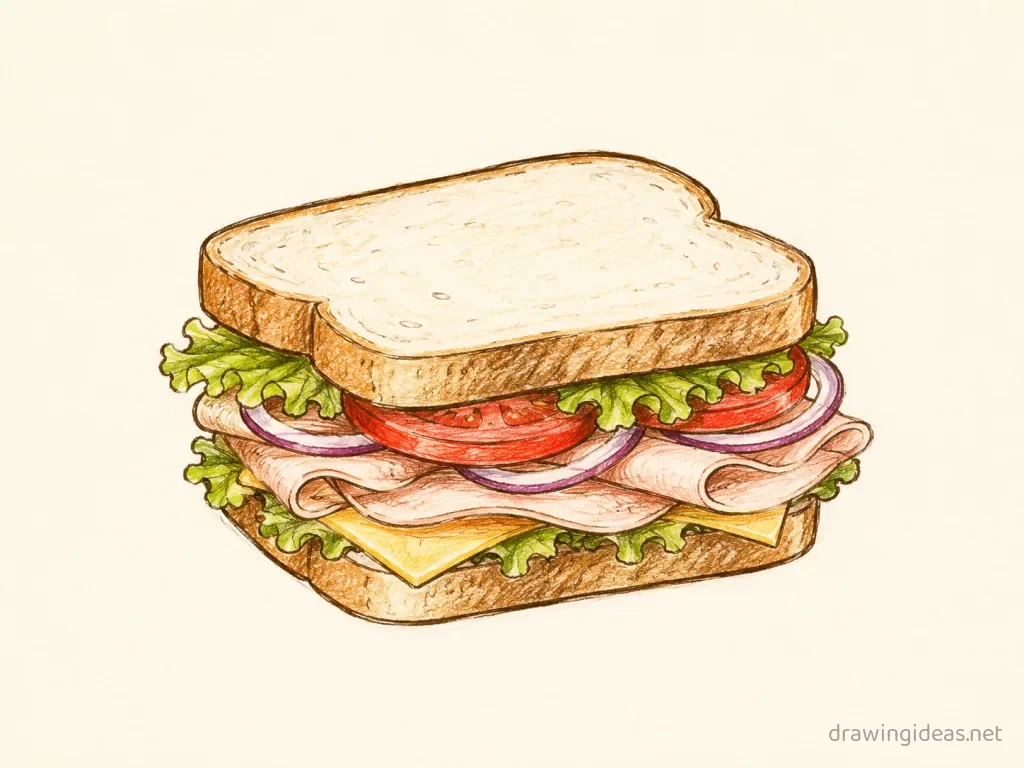 Sandwich drawing — hand-drawn sandwich illustration with ink lines and soft colors