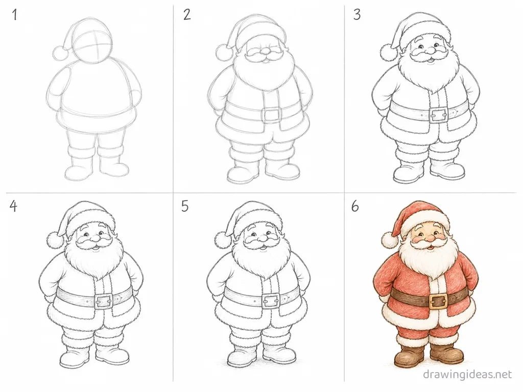 How to draw Santa Claus step by step — 6-step Santa Claus drawing tutorial grid