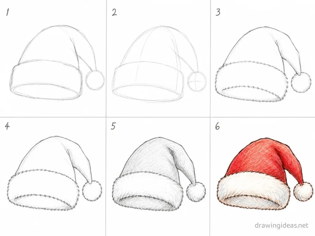 How to draw a Santa hat step by step — 6-step Santa hat drawing tutorial grid