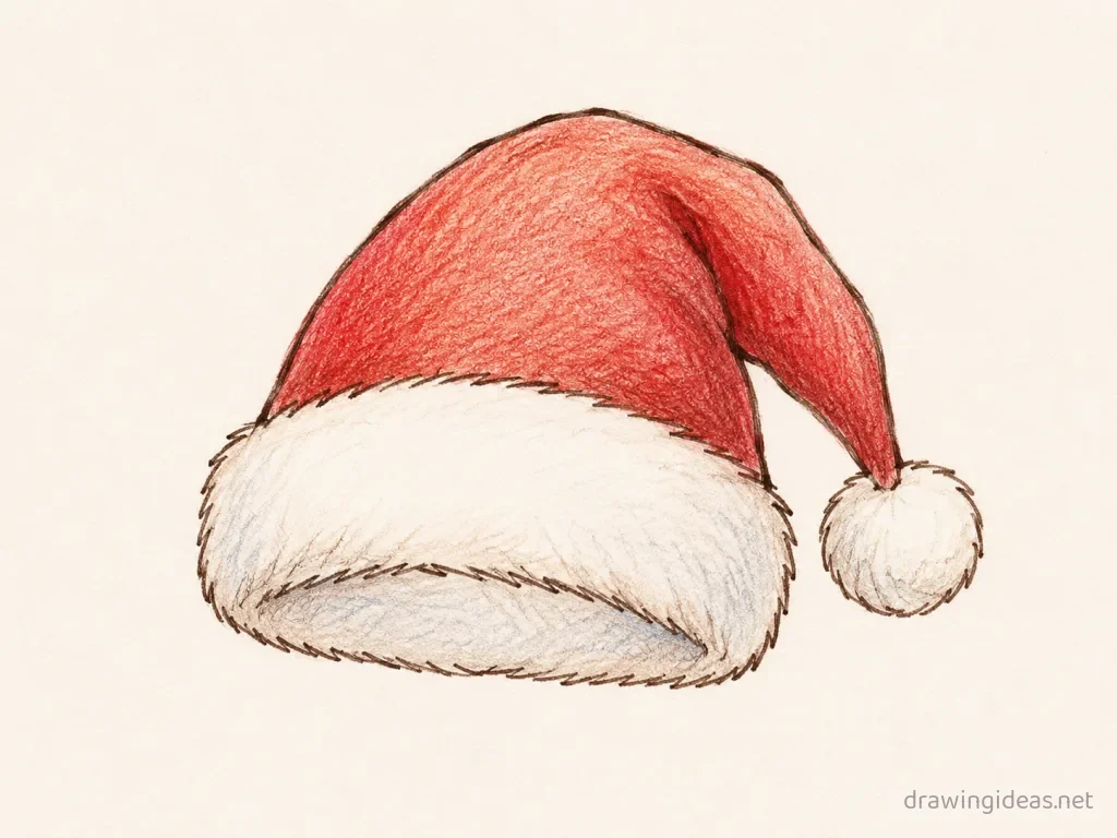Santa Hat drawing — hand-drawn Santa hat illustration with ink lines and soft colors