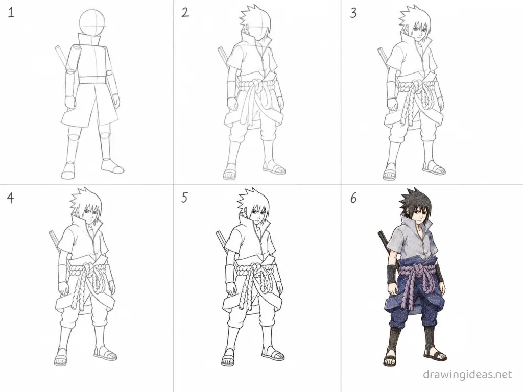 How to draw Sasuke step by step — 6-step Sasuke drawing tutorial grid