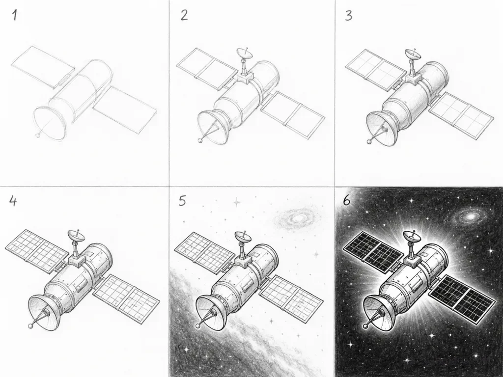 How to draw a satellite step by step — 6-step satellite drawing tutorial grid
