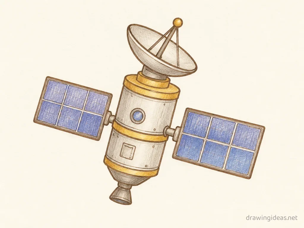 Satellite drawing — hand-drawn satellite illustration with ink lines and soft colors