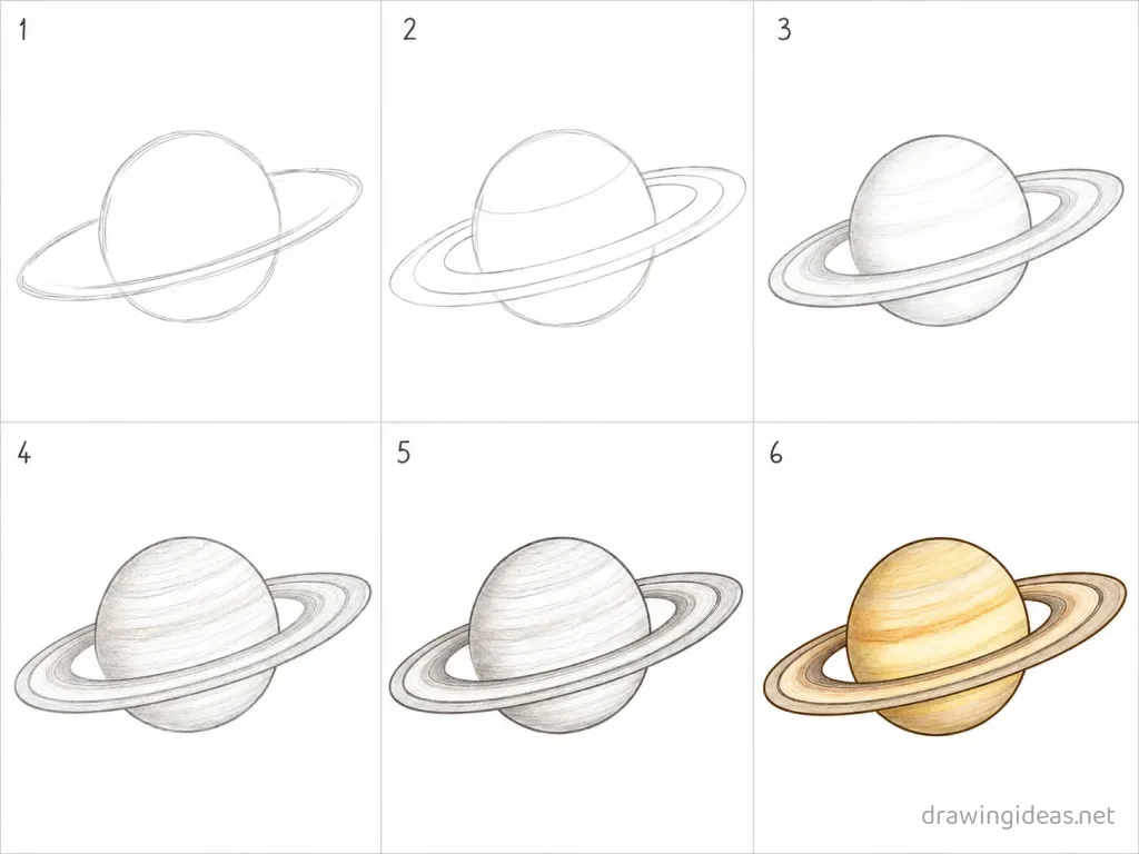 How to draw a saturn step by step — 6-step saturn drawing tutorial grid