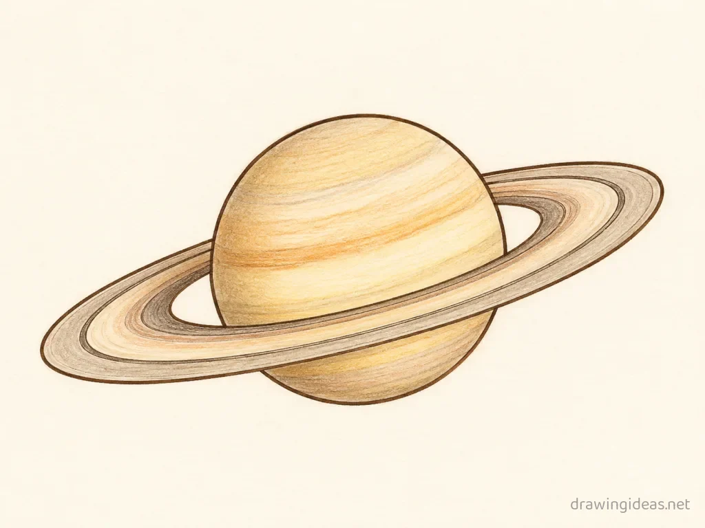 Saturn drawing — hand-drawn saturn illustration with ink lines and soft colors