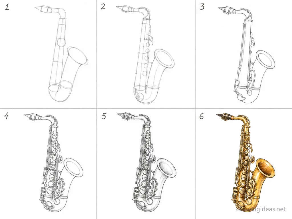 How to draw a saxophone step by step — 6-step saxophone drawing tutorial grid