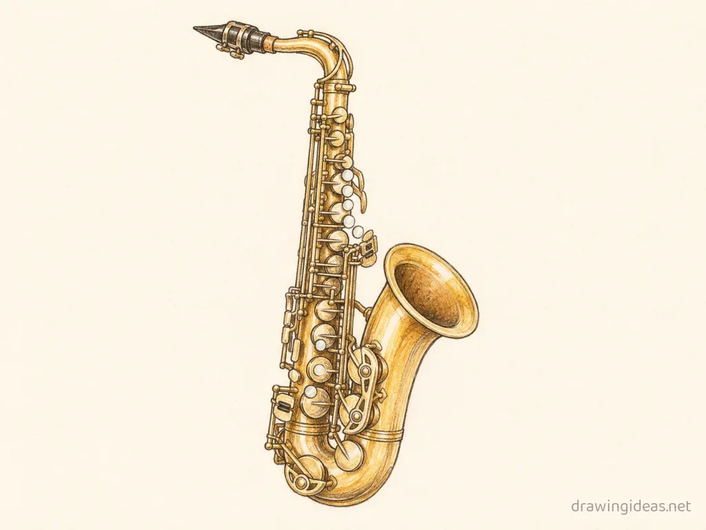 Saxophone drawing — hand-drawn saxophone illustration with ink lines and soft colors