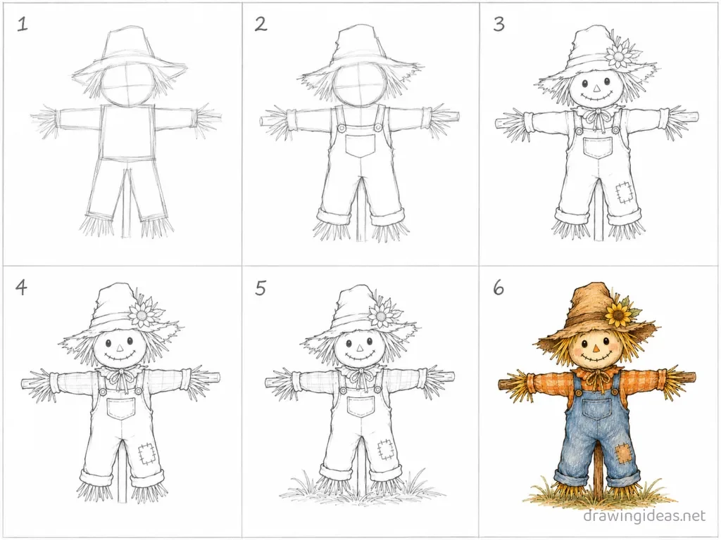How to draw a scarecrow step by step — 6-step scarecrow drawing tutorial grid