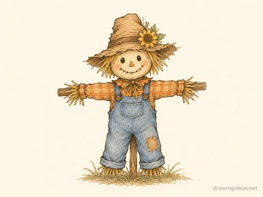 Scarecrow drawing — hand-drawn scarecrow illustration with ink lines and soft colors