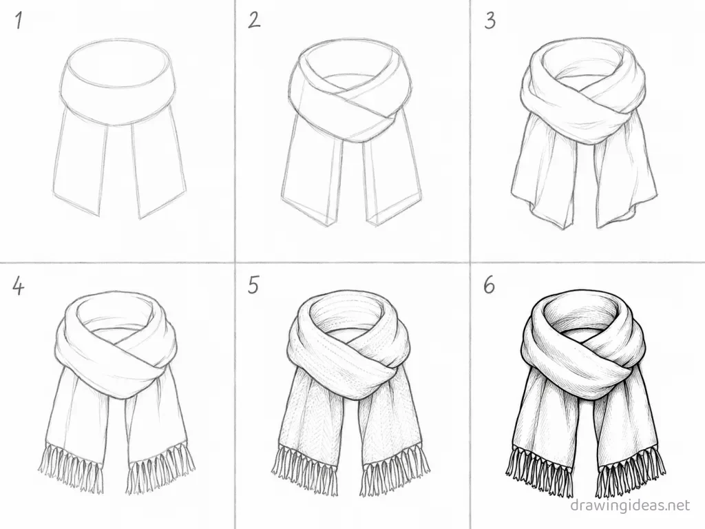 How to draw a scarf step by step — 6-step scarf drawing tutorial grid