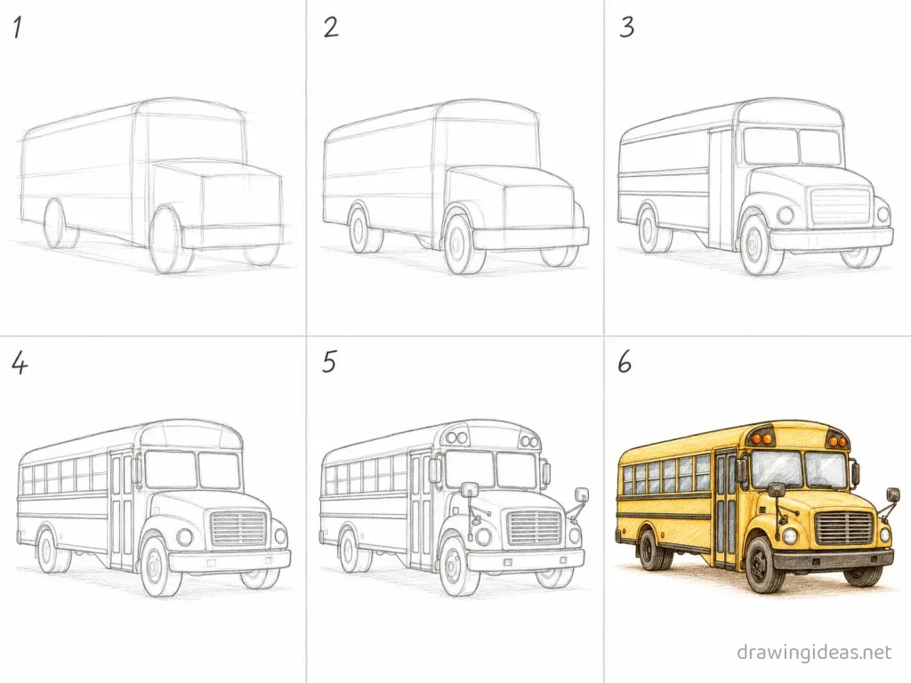 How to draw a school bus step by step — 6-step school bus drawing tutorial grid