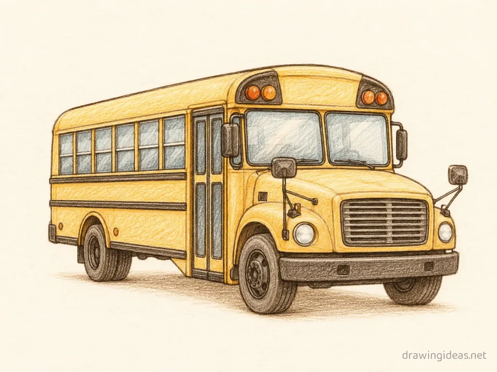 School Bus drawing ā hand-drawn school bus illustration with ink lines and soft colors