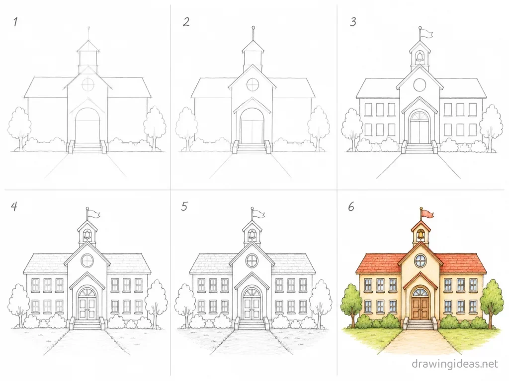 How to draw a school step by step — 6-step school drawing tutorial grid