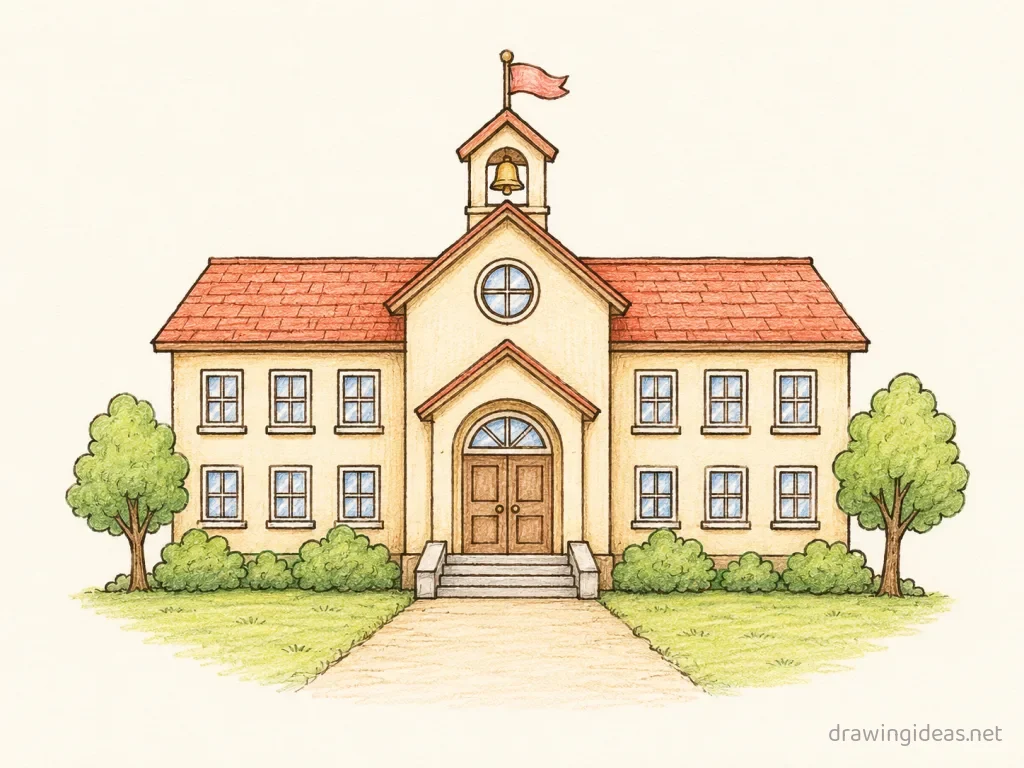 School drawing — hand-drawn school illustration with ink lines and soft colors