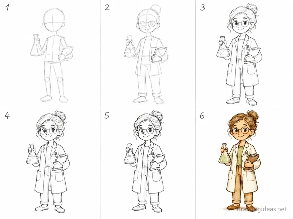 How to draw a scientist step by step — 6-step scientist drawing tutorial grid