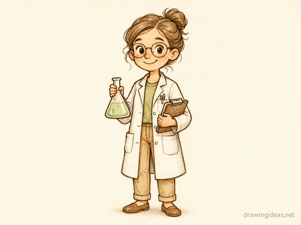 Scientist drawing — hand-drawn scientist illustration with ink lines and soft colors