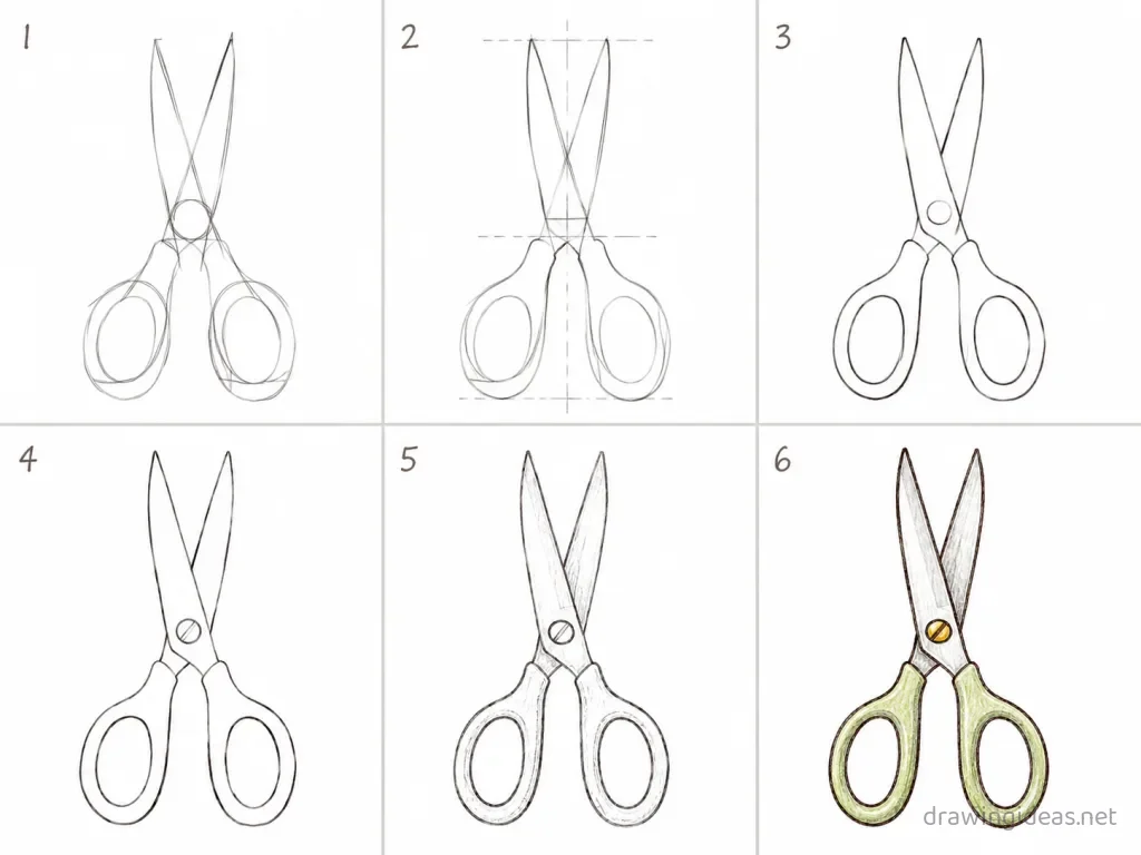 How to draw scissors step by step — 6-step scissors drawing tutorial grid