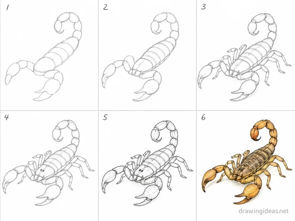How to draw a scorpion step by step — 6-step scorpion drawing tutorial grid