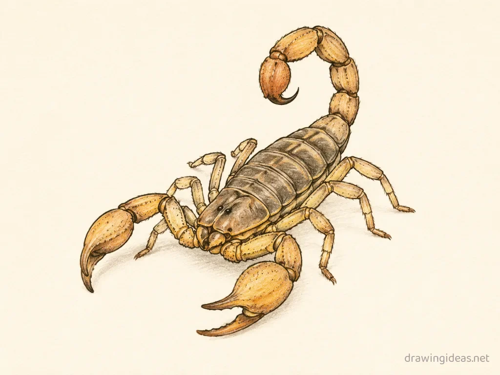 Scorpion drawing — hand-drawn scorpion illustration with ink lines and soft colors