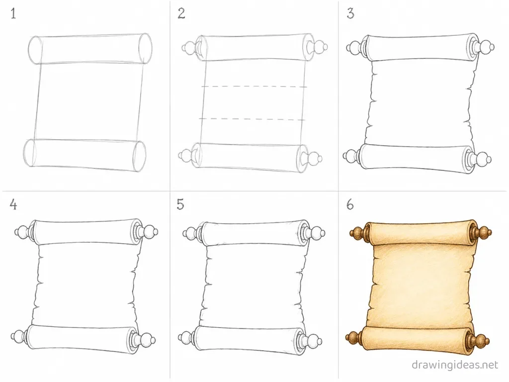 How to draw a scroll step by step — 6-step scroll drawing tutorial grid