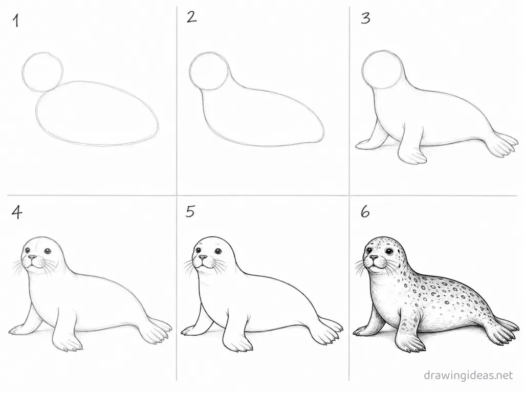 How to draw a sea animal step by step — 6-step sea animal drawing tutorial grid