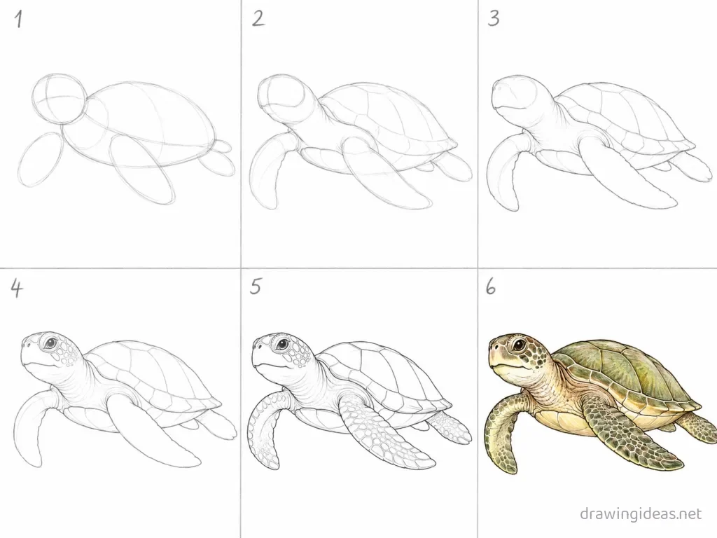 How to draw a sea turtle step by step — 6-step sea turtle drawing tutorial grid