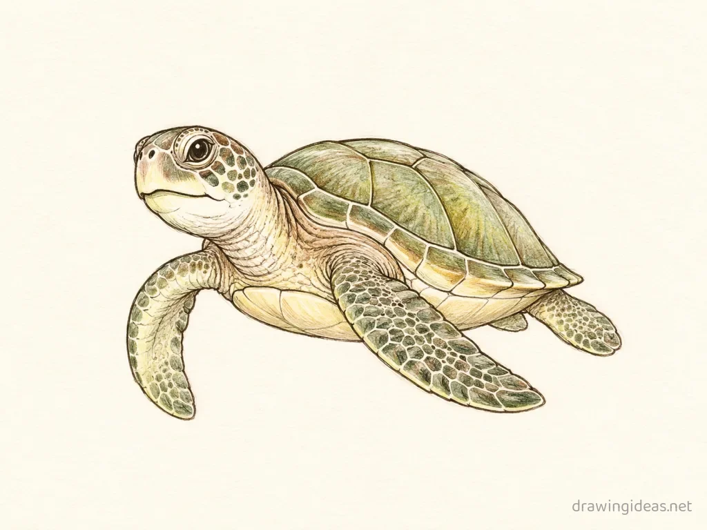 Sea Turtle drawing — hand-drawn sea turtle illustration with ink lines and soft colors