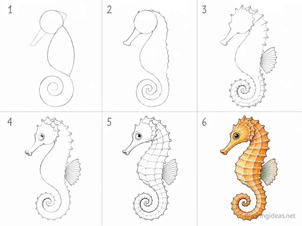 How to draw a seahorse step by step — 6-step seahorse drawing tutorial grid