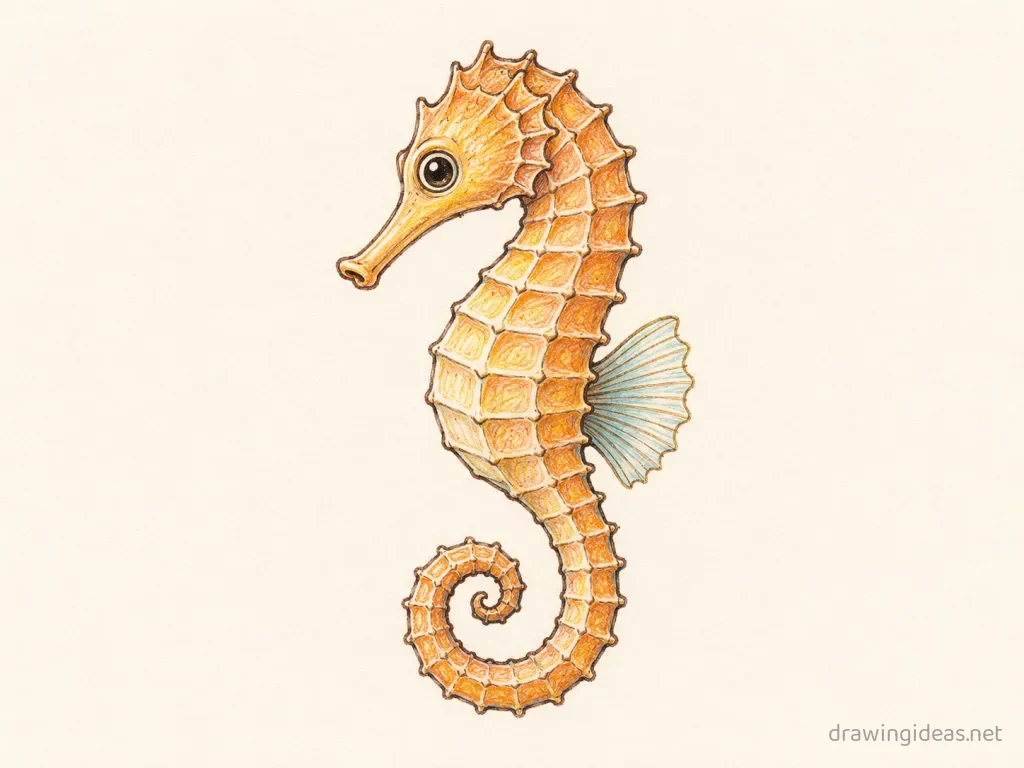 Seahorse drawing — hand-drawn seahorse illustration with ink lines and soft colors