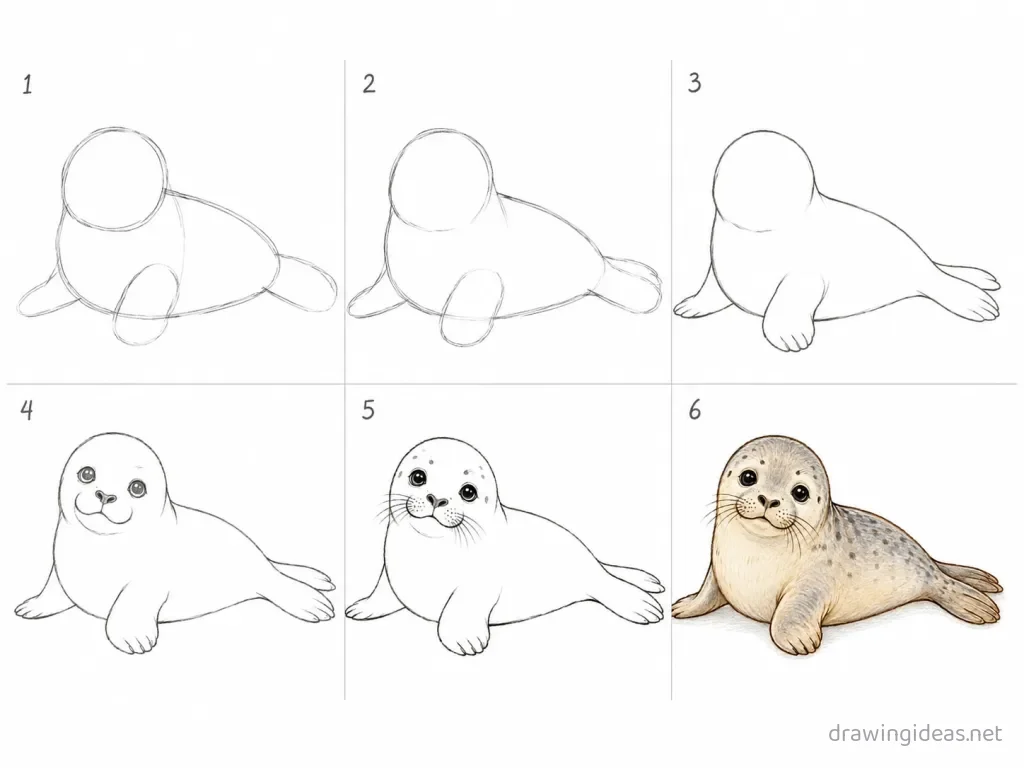 How to draw a seal step by step — 6-step seal drawing tutorial grid