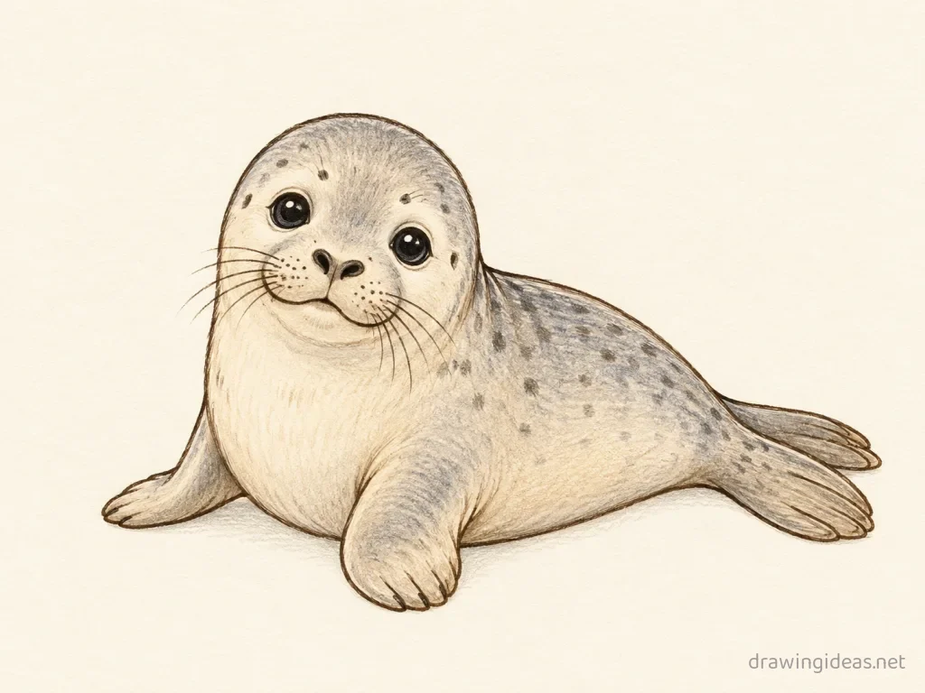 Seal drawing — hand-drawn seal illustration with ink lines and soft colors