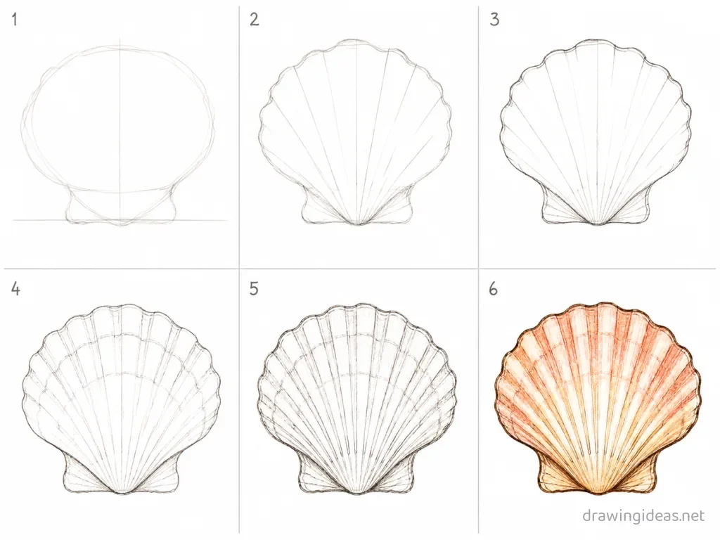 How to draw a seashell step by step — 6-step seashell drawing tutorial grid