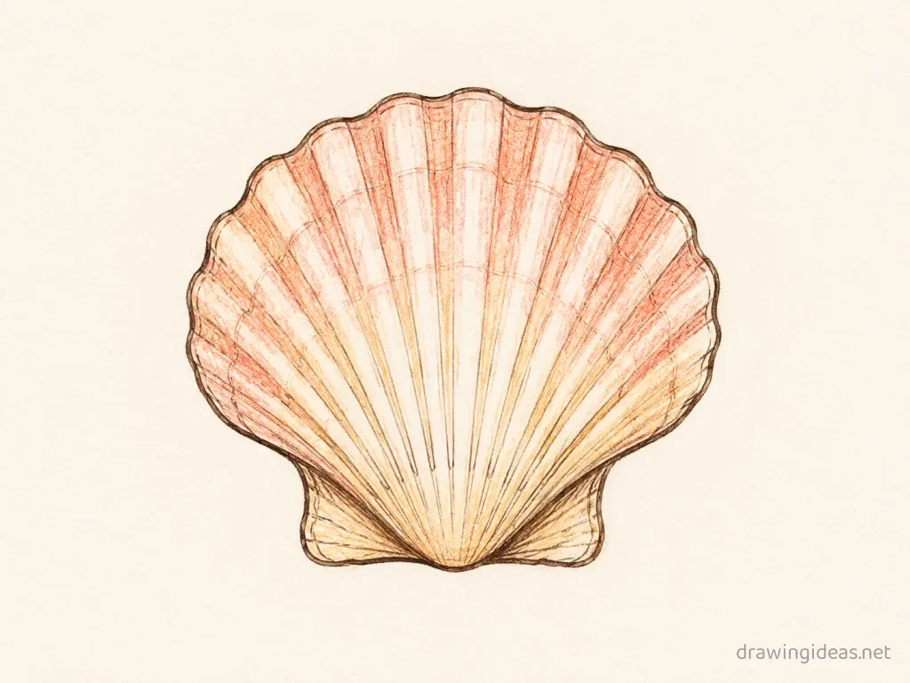 Seashell drawing — hand-drawn seashell illustration with ink lines and soft colors