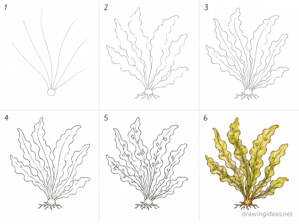 How to draw seaweed step by step — 6-step seaweed drawing tutorial grid