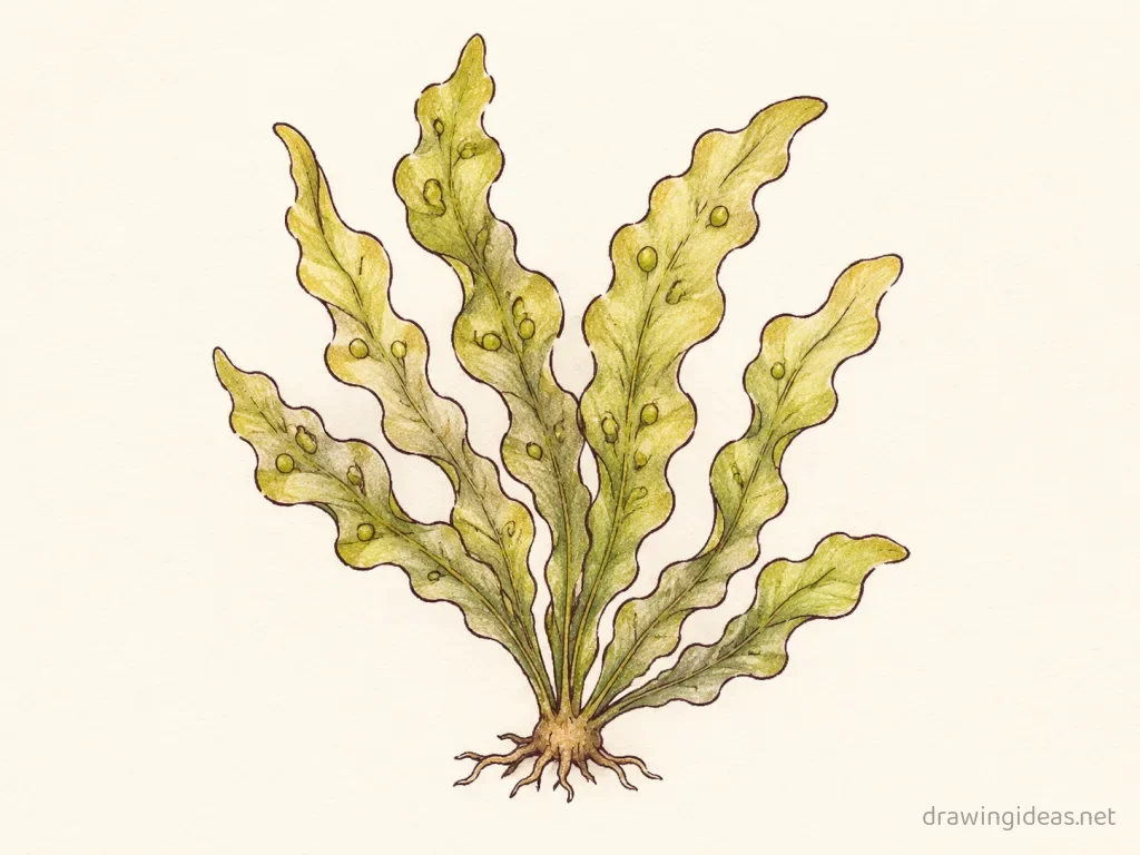 Seaweed drawing — hand-drawn seaweed illustration with ink lines and soft colors