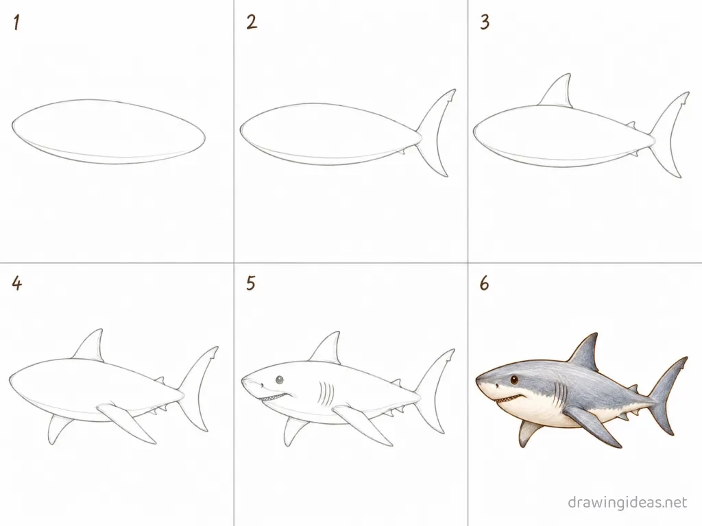How to draw a shark step by step — 6-step shark drawing tutorial grid
