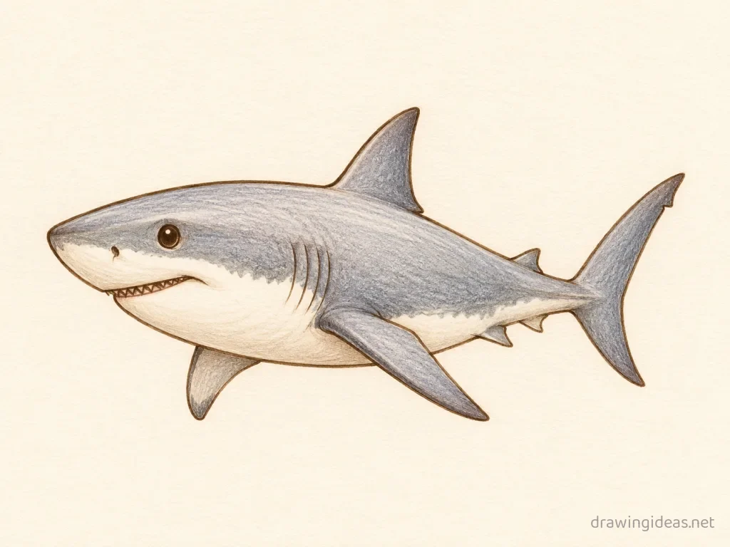 Shark drawing — hand-drawn shark illustration with ink lines and soft colors