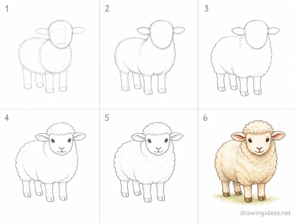 How to draw a sheep step by step — 6-step sheep drawing tutorial grid