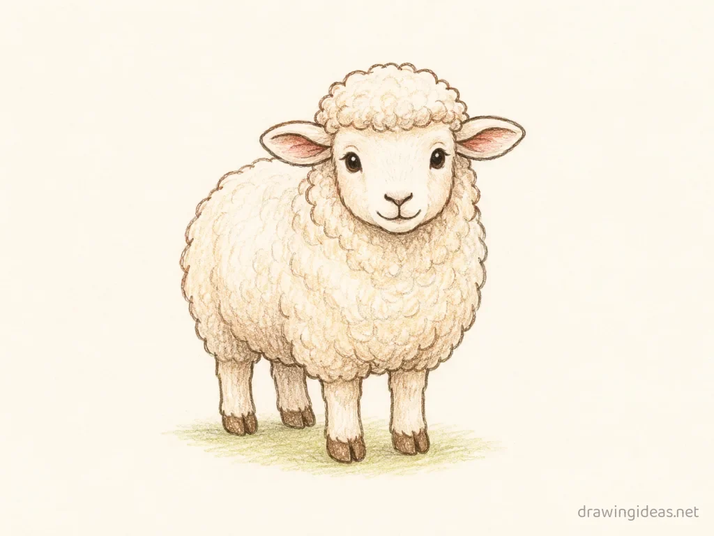 Sheep drawing — hand-drawn sheep illustration with ink lines and soft colors
